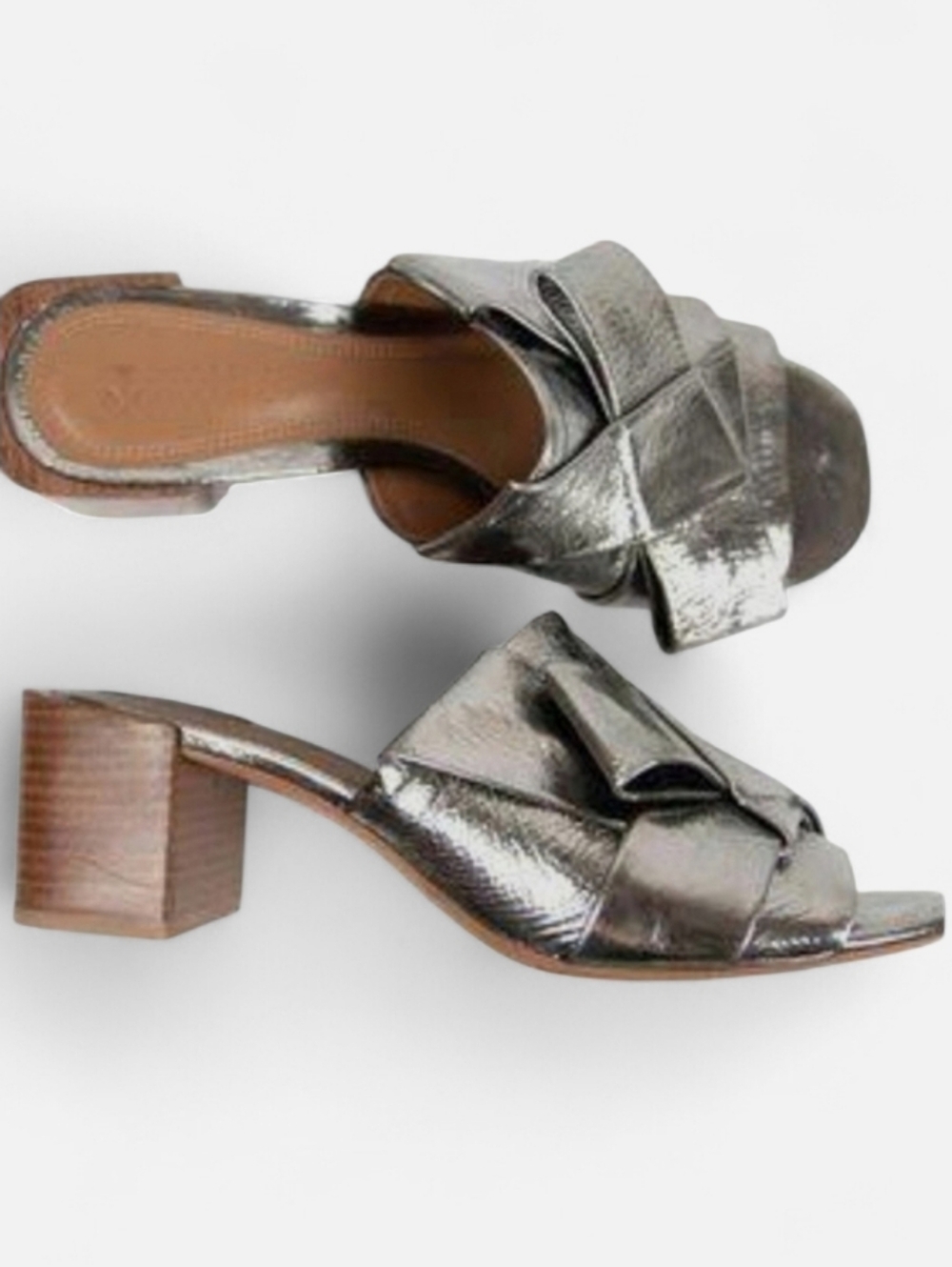 Mercedes Castillo Dafne Mid Bow Block Heel Sandals Metallic Silver Leather 6